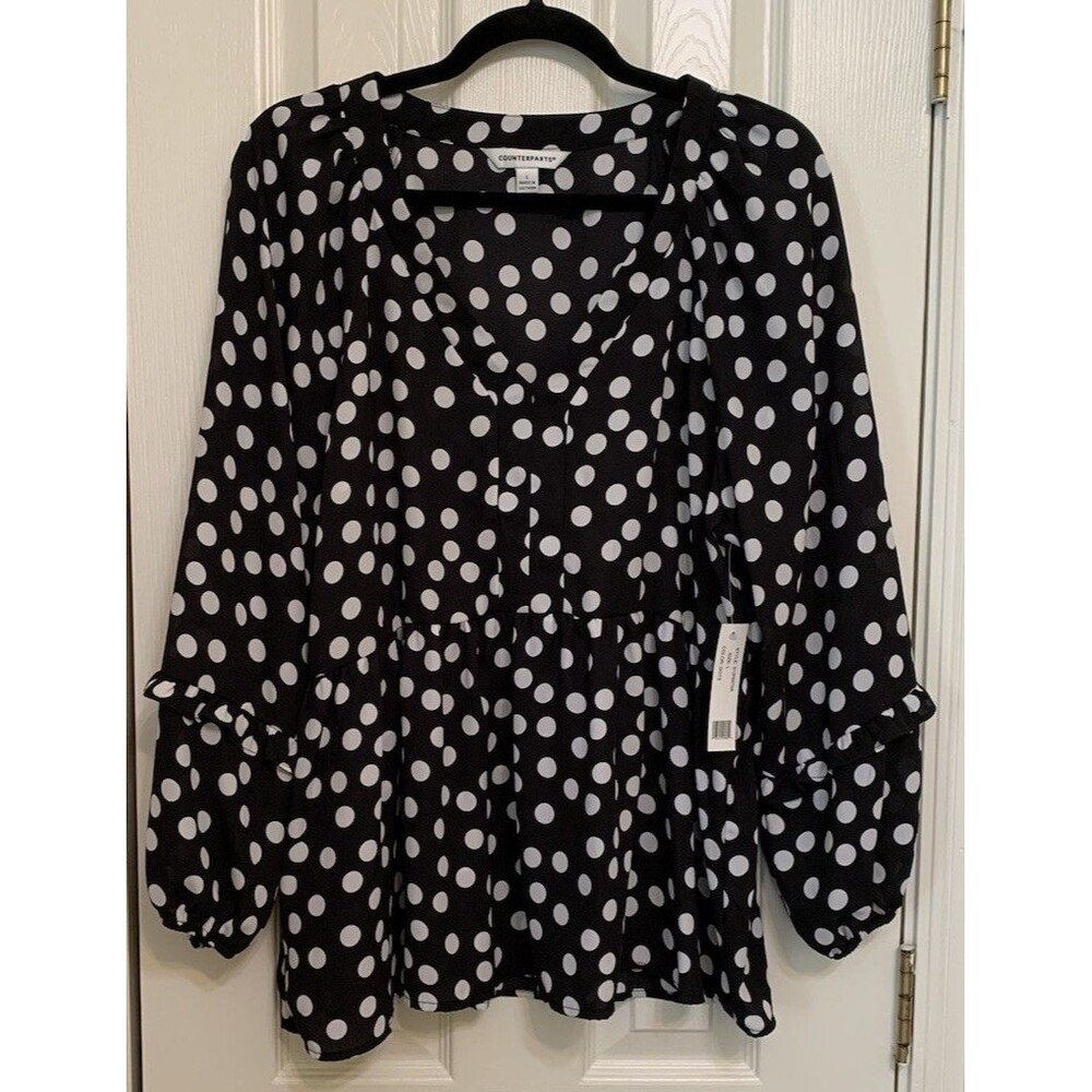 Counterparts Womens Size Large Top Black And White Polka Dot Long Sleeve NWT